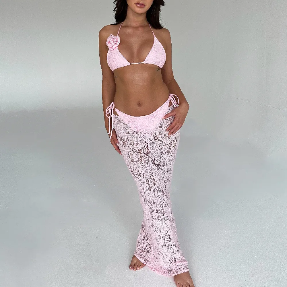 Baby Pink Lace Maxi Skirt - 2
