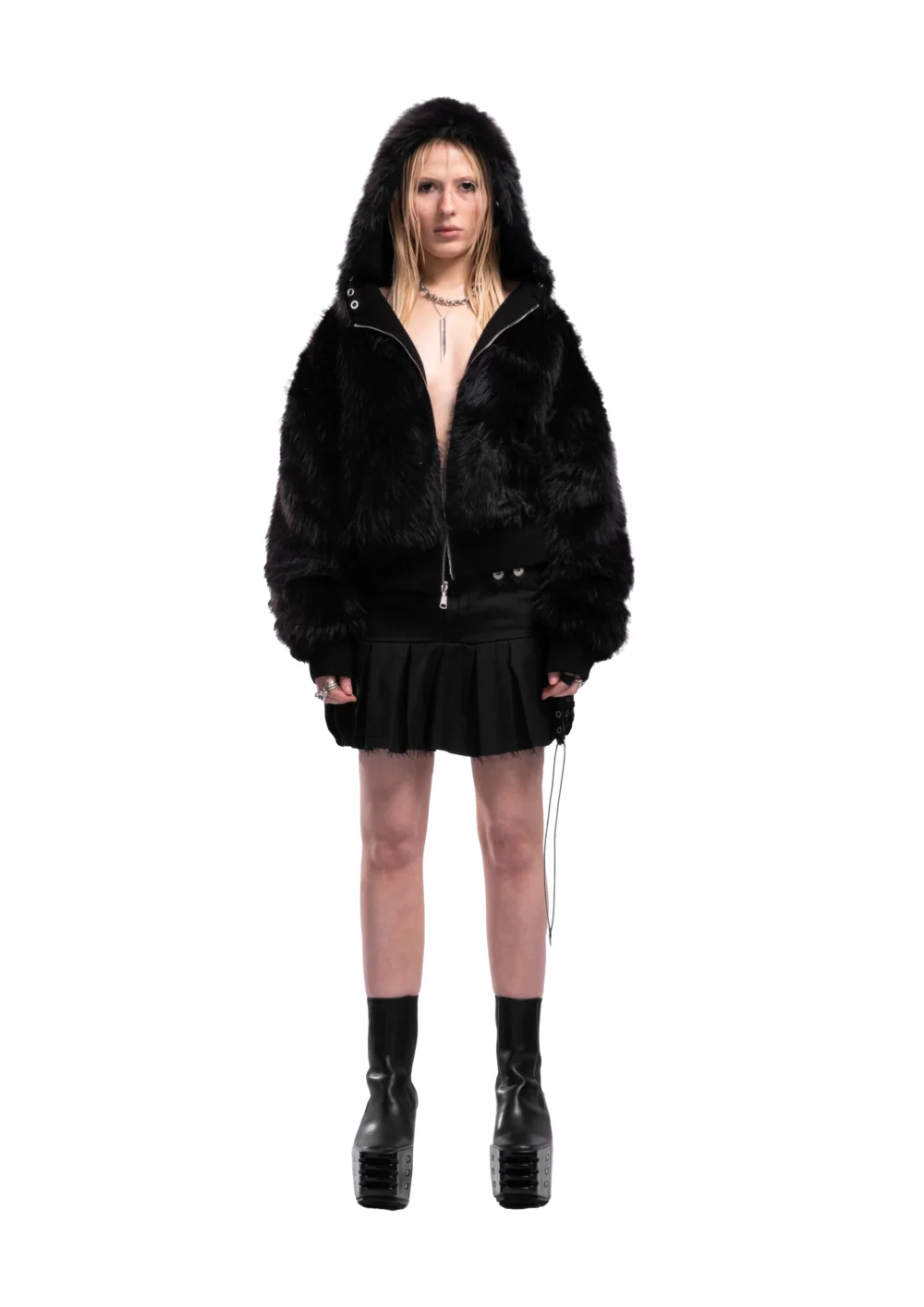 BLACK YETI FUR REVERSIBEL ZIP HOODIE JACKET - 3