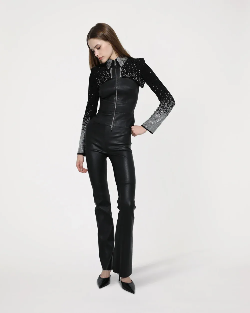 FAYE – Modular stretch lambskin jacket with rhinestone bolero
