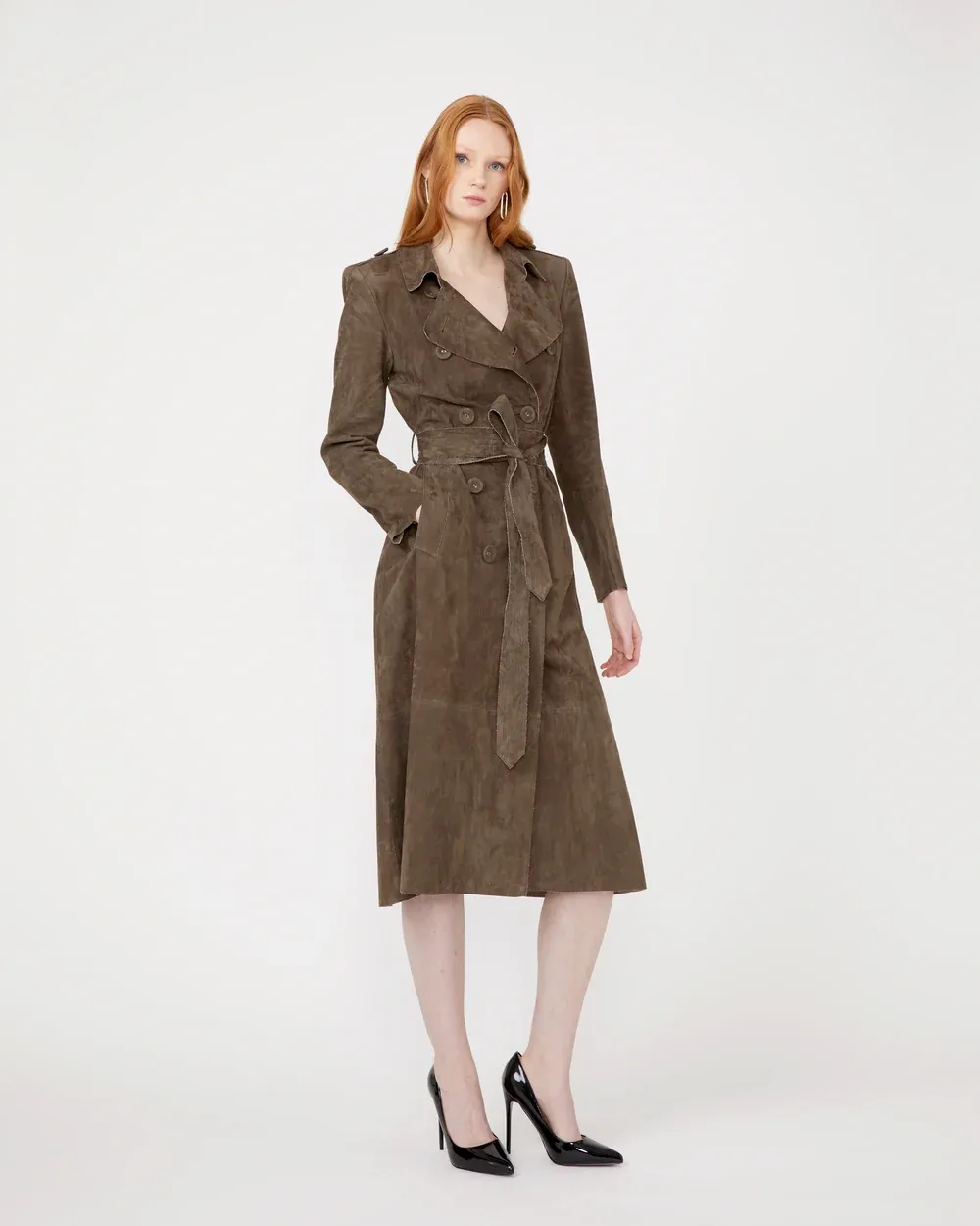 MELINA Trench Coat in Taupe Stretch Suede