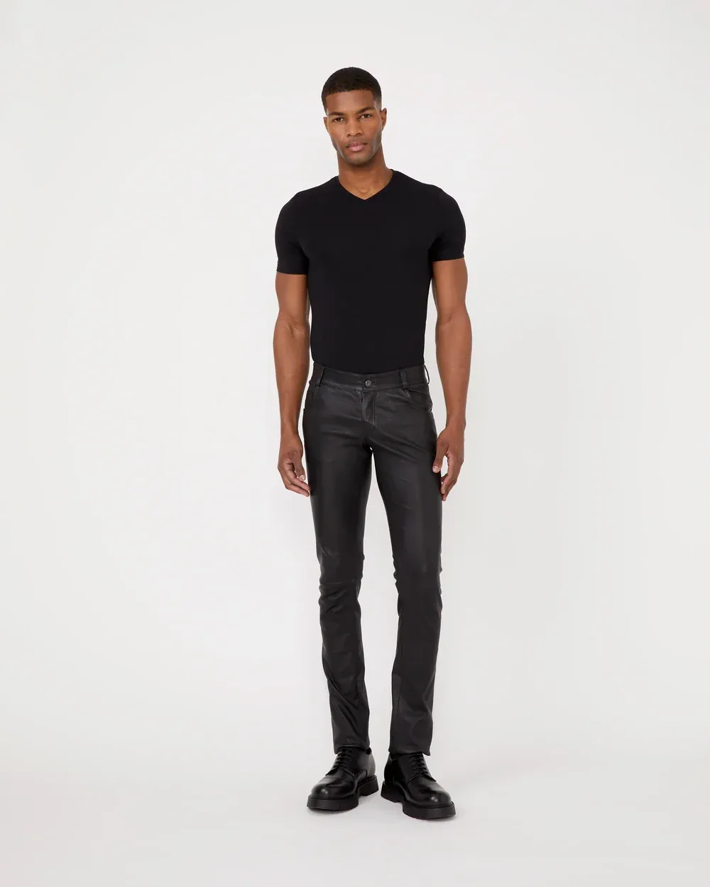 GILGUI Black Stretch Lambskin Leather Pants – Slim Fit
