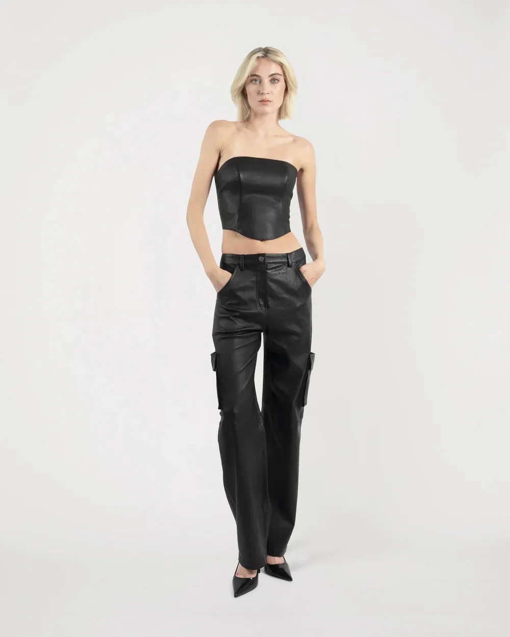 CARGO Pants in Black Stretch Lambskin Leather