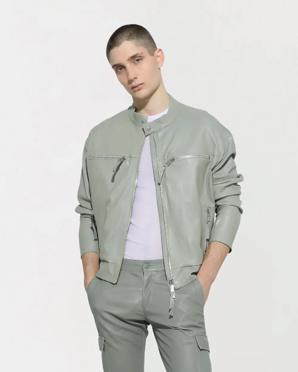 M1 Mineral Green Stretch Leather Bomber Jacket