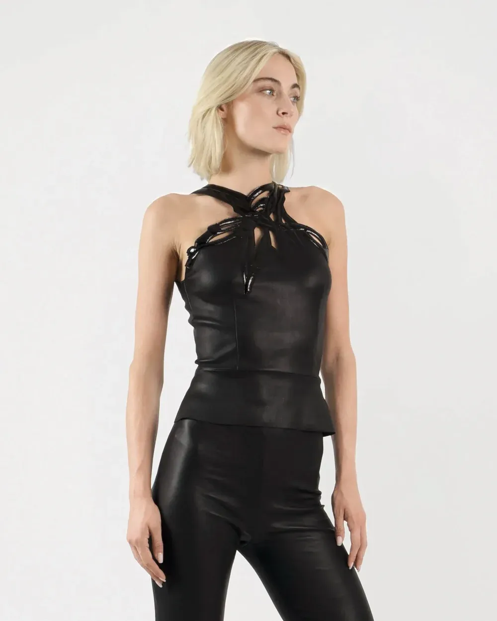 TITANIA Embroidered Stretch Lambskin Leather Top in Black