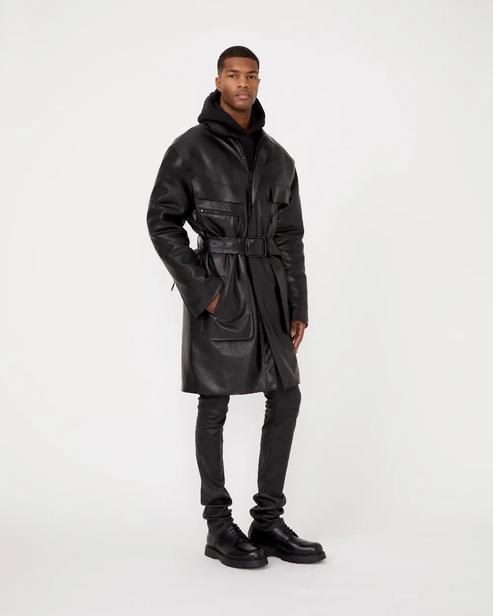LAYA Black Leather Trench Coat
