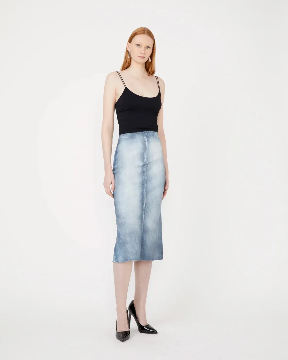 Street Washed Denim Stretch Leather Long Skirt