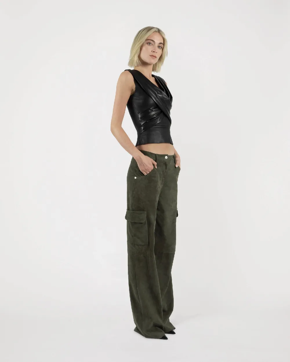 CARGO Pants in Khaki Stretch lamb suede