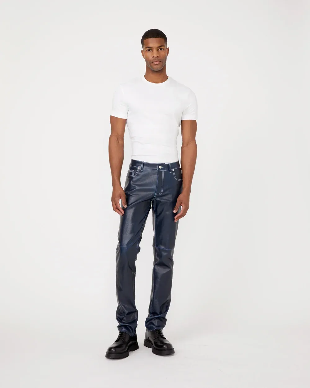 HK Skin Jean Blue Stretch Leather Five-Pocket Pants