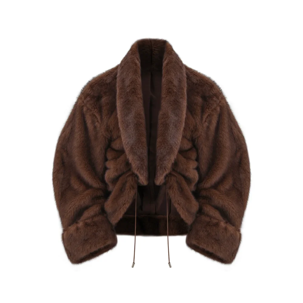 Chocolate Brown Drawstring Faux Fur Jacket