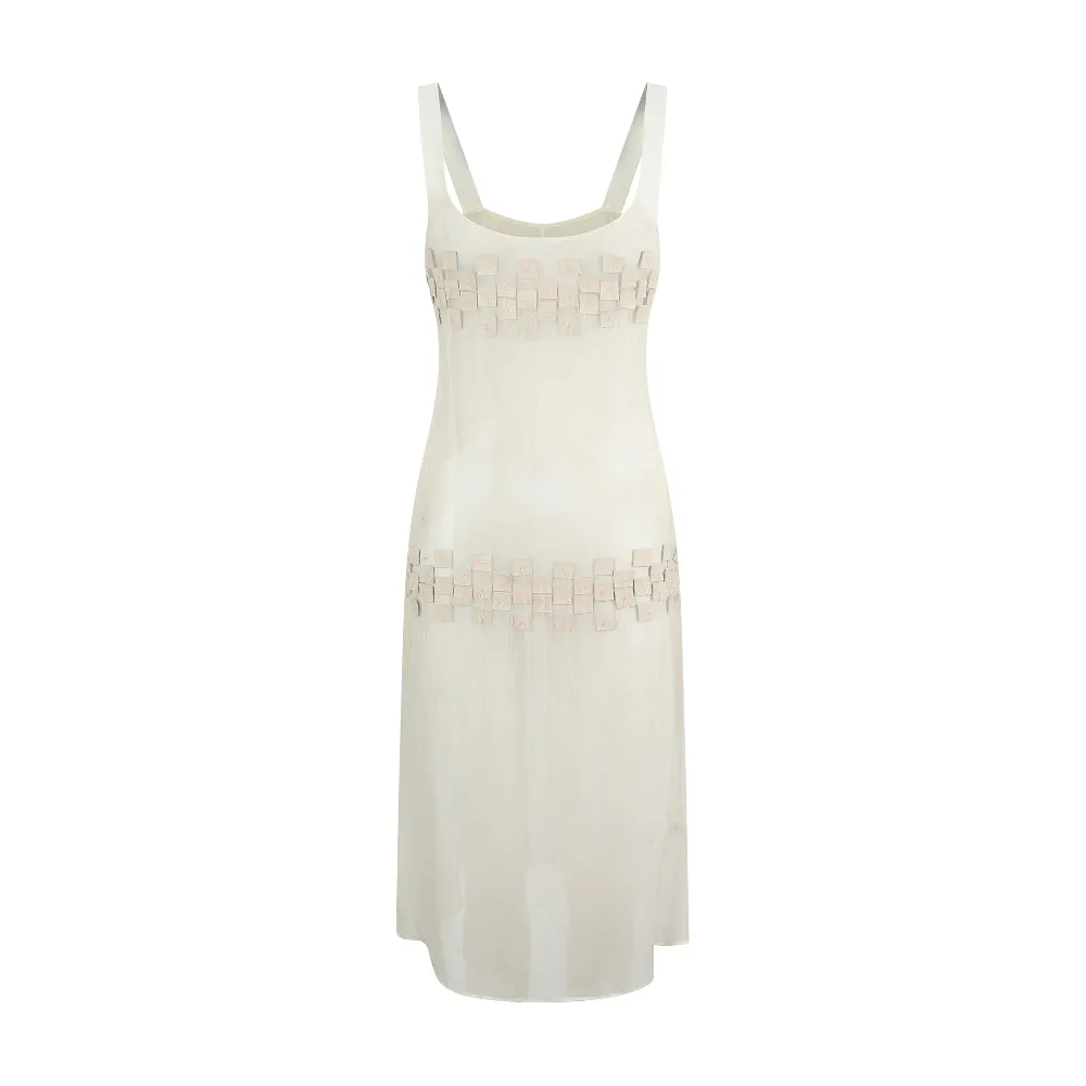 Beige Hand-Sewn Squared Leather Embellishment Dress