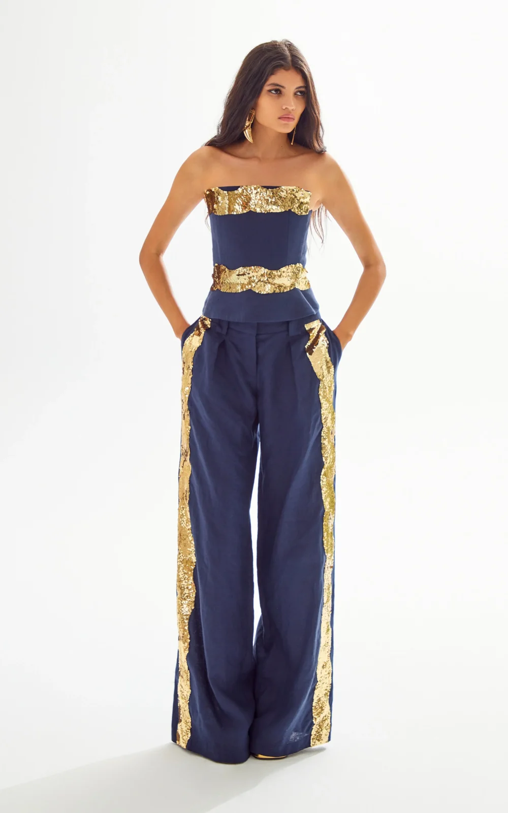 Navy Linen Wide Leg Pants with Gold Wavy Sequin Details