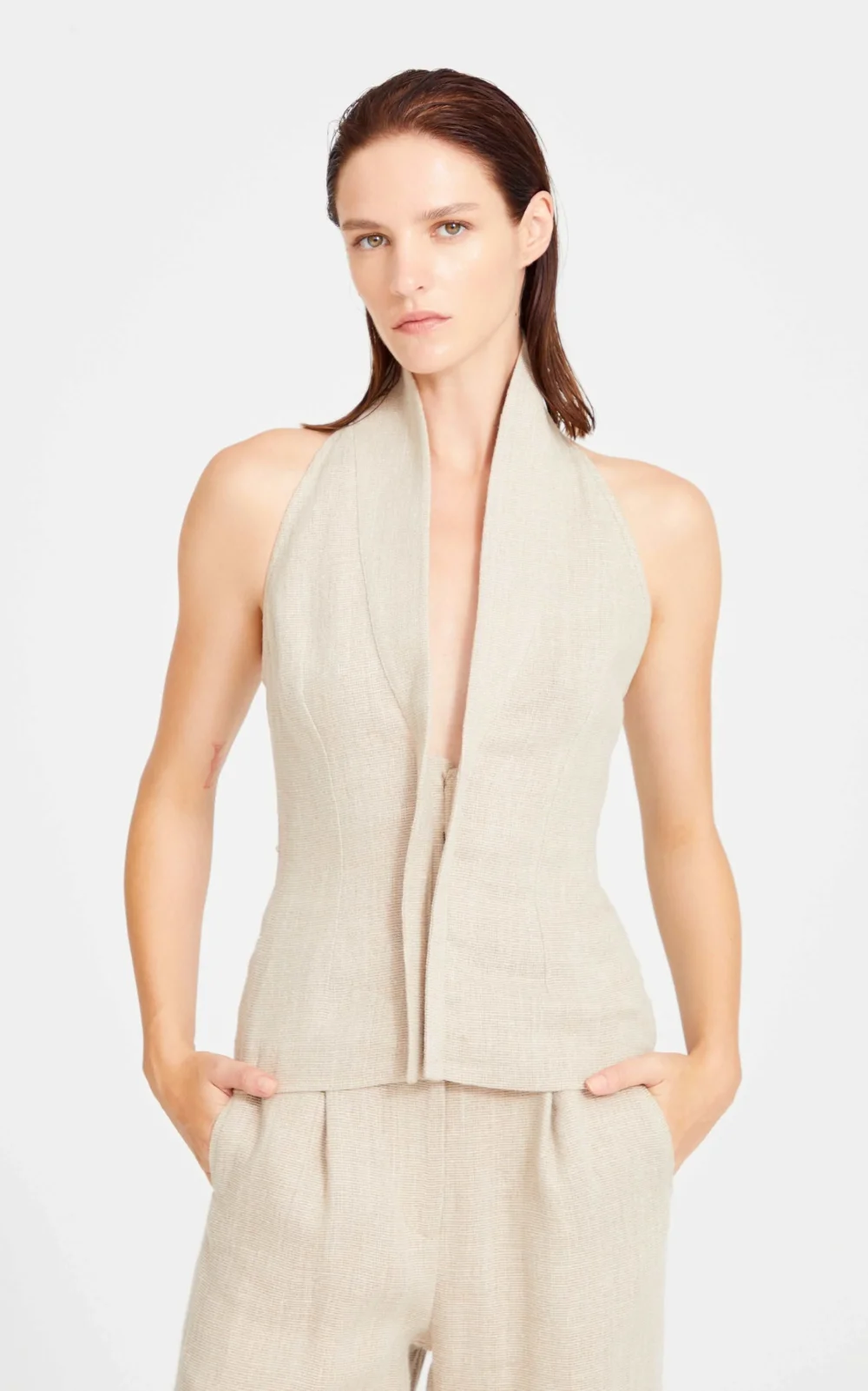 Beige Linen Pleated Pants