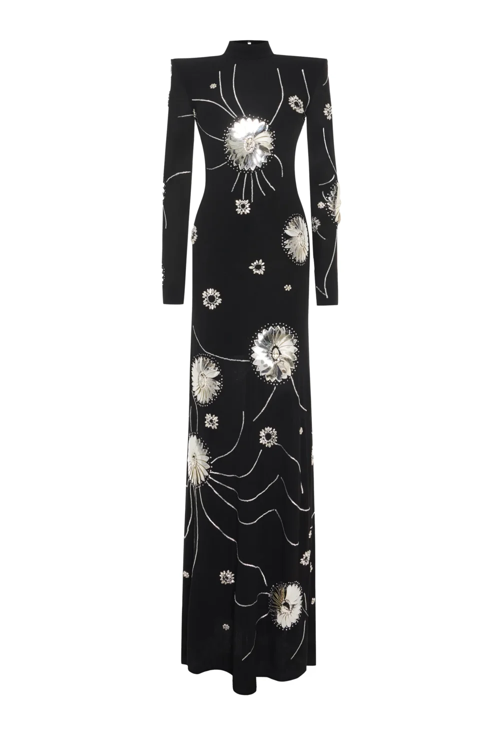 Black Sequined Jersey Maxi Dress With Patent Flowers And Big Shoulders