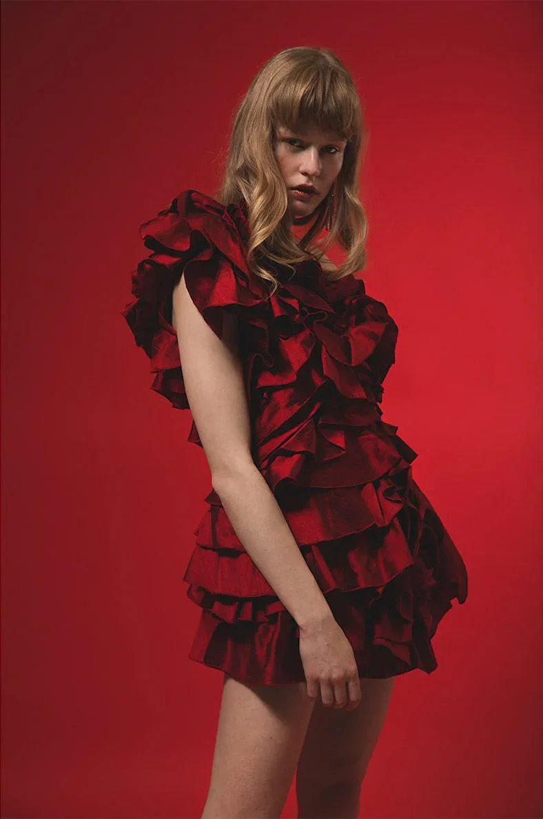 Red Silk Shantung One Shouldered Mini Dress - 2