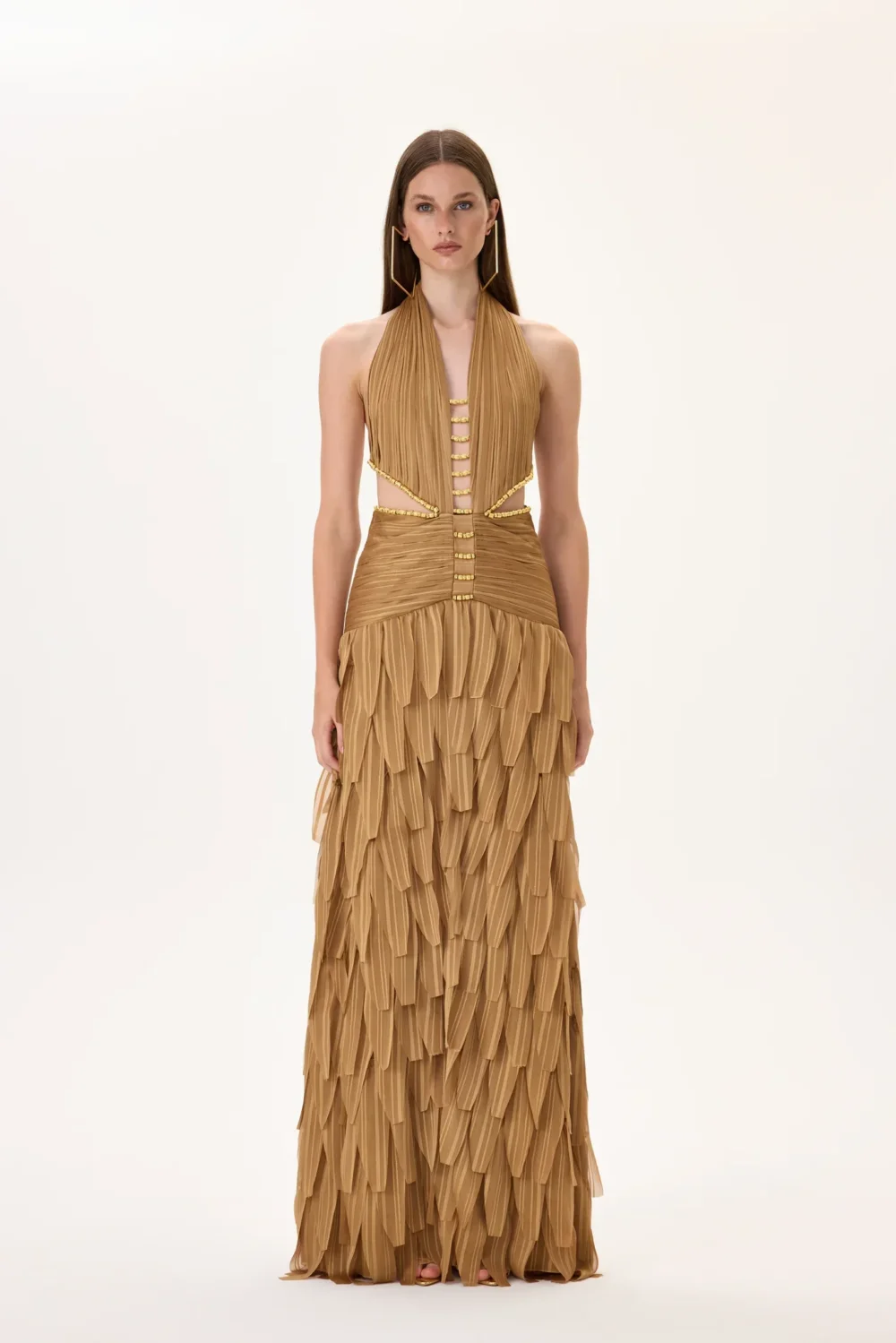 Laser Cut Chiffon Maxi Dress With Draped Body And Gold Beadings