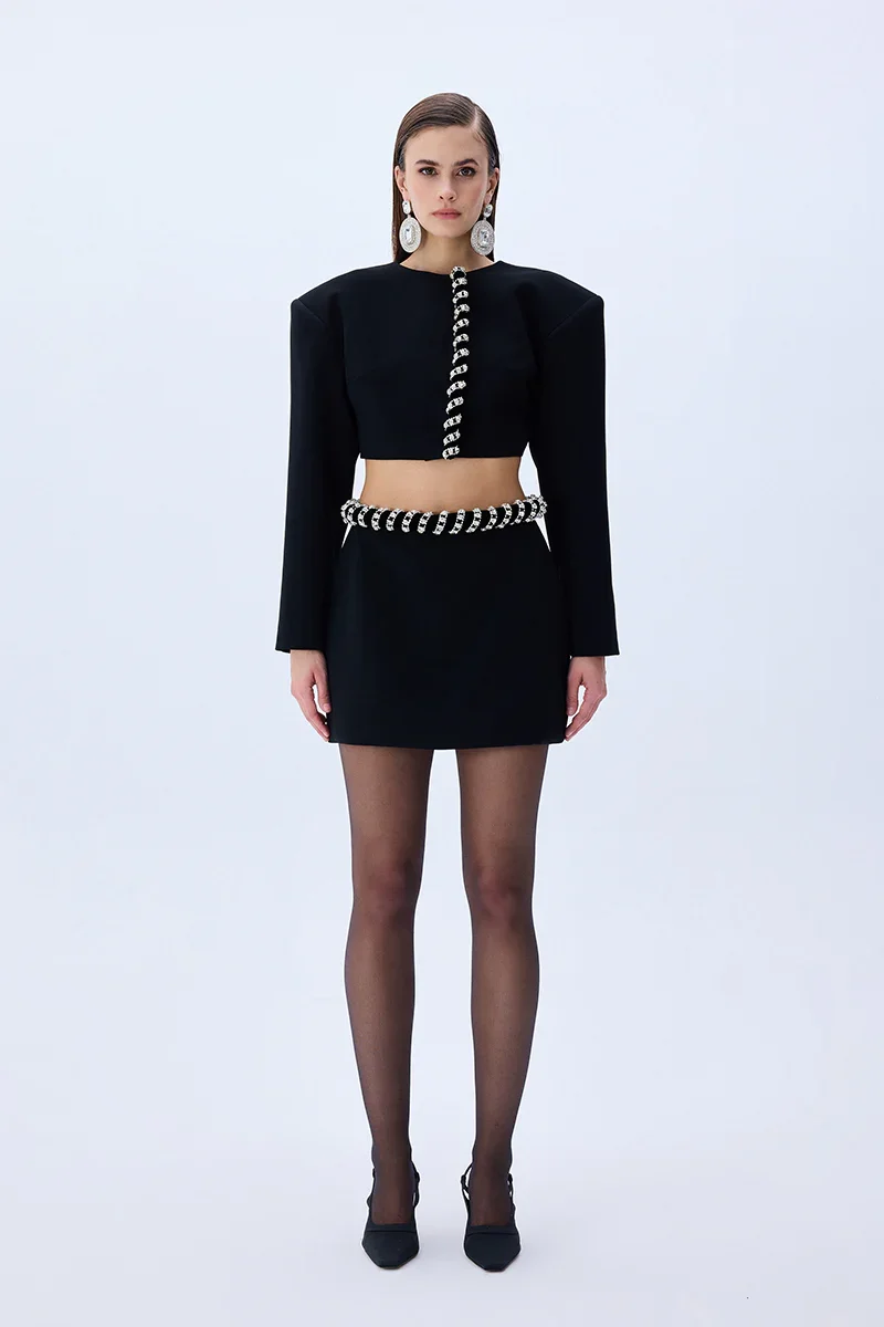 Black Crepe Jacket With Crystal Rope Border