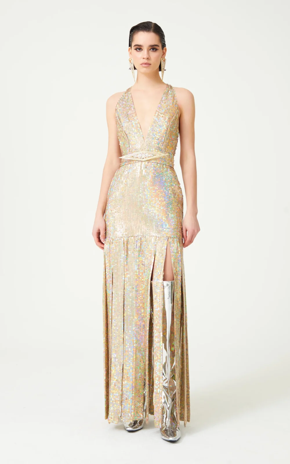 Nacreous Sequin Embroidered Silk V-Neck Gown With Crystal Belt And Fringed Skirt