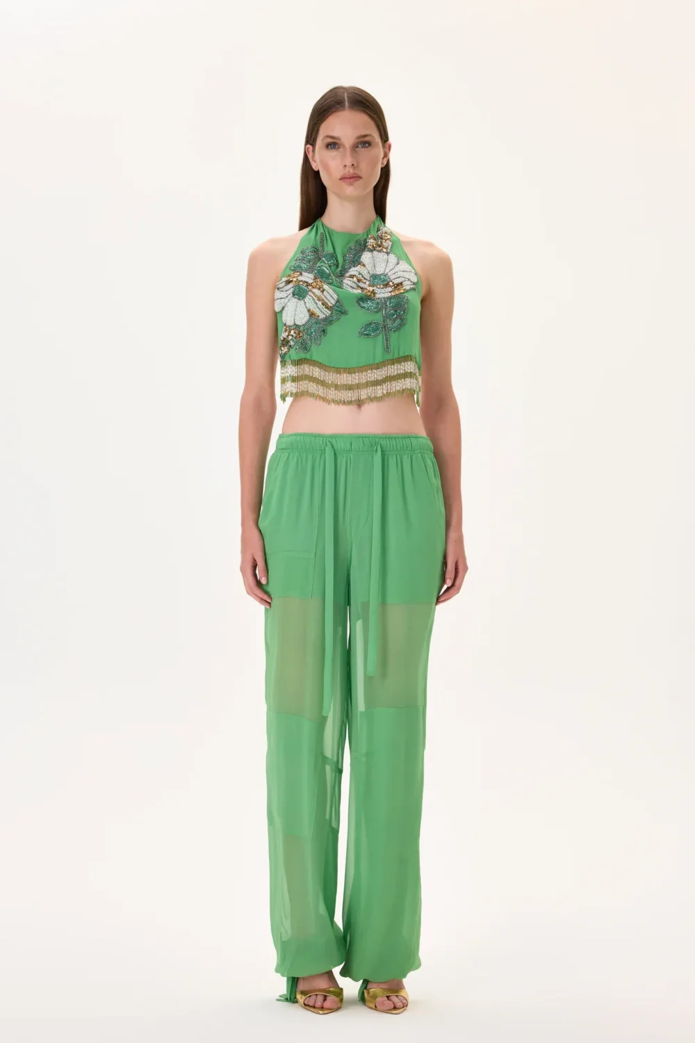 Chiffon Crystal Flower Appliqued Halter Neck Crop Top with Hand-Embroidered Beaded Fringes