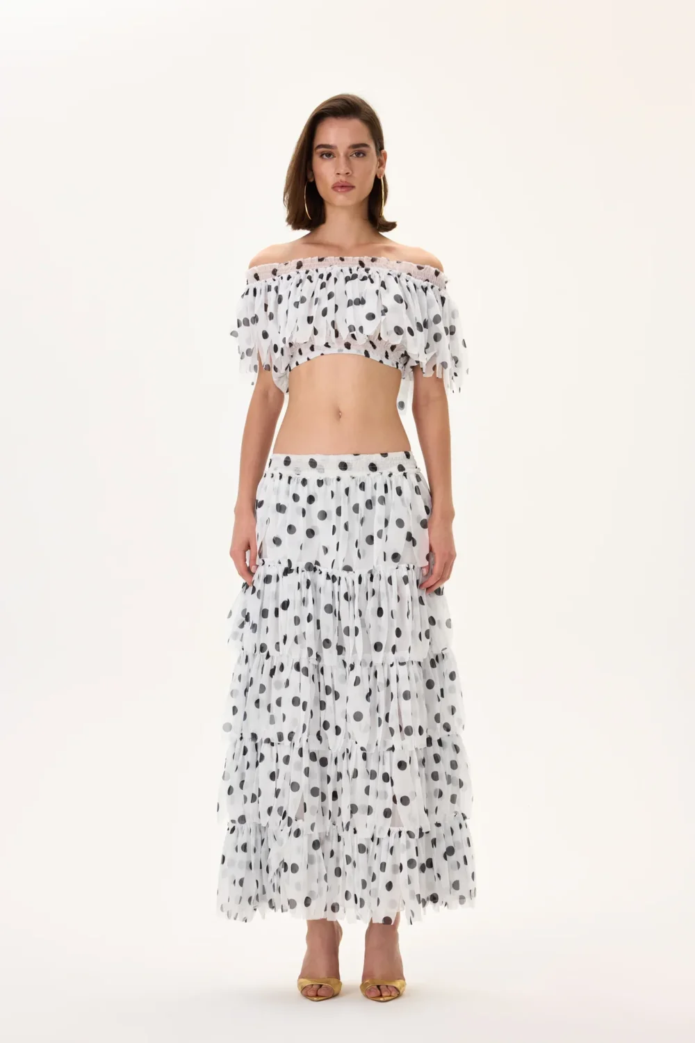 Laser Cut Polka Dot Chiffon Elasticated Crop Top