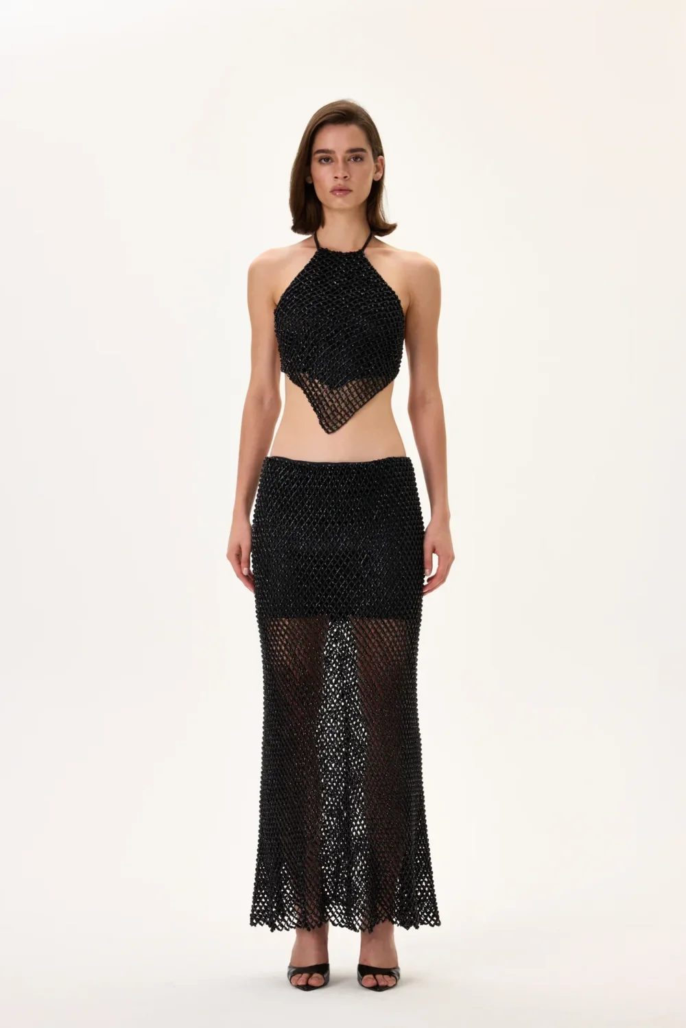 Black Beaded Net Halter Crop Top