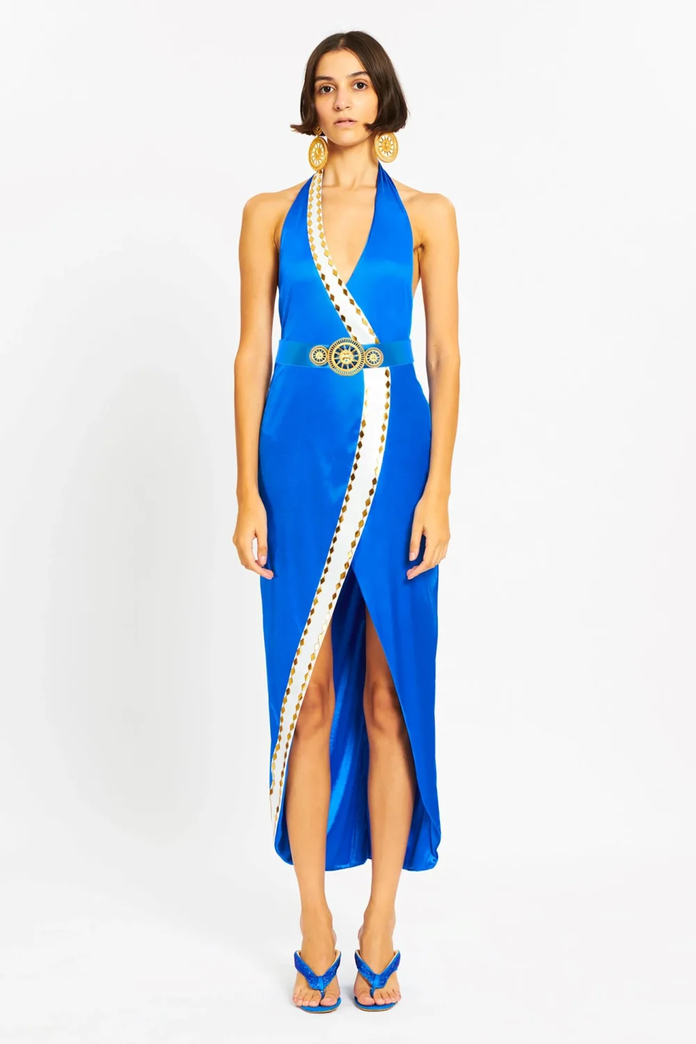 Halter Neck Midi Dress with Slit and Belt Details