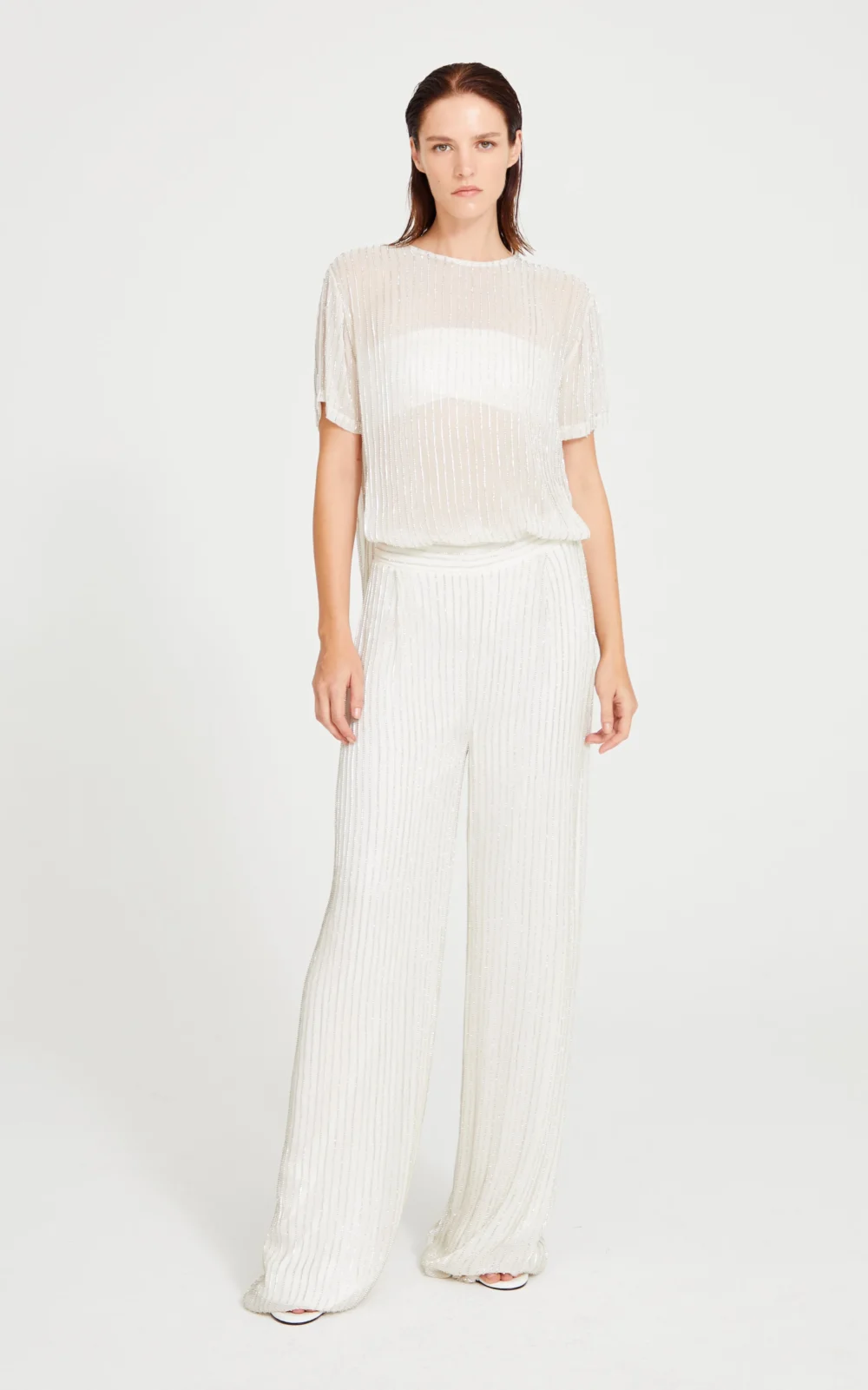 White Embroidery Striped Pleated Pants