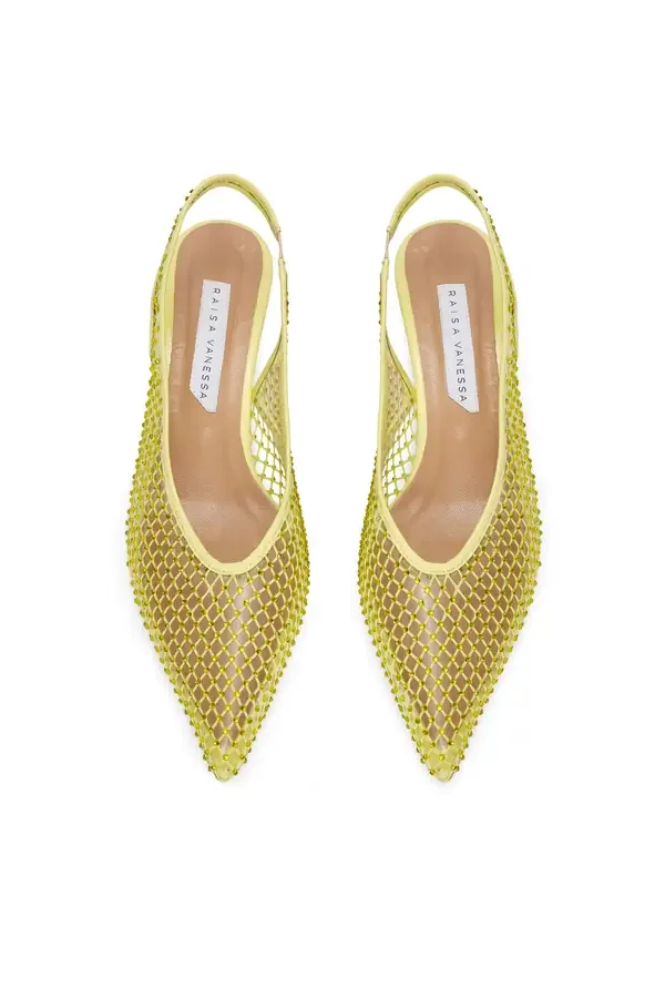 Kitten Heels With Yellow Crystal Fishnet Details