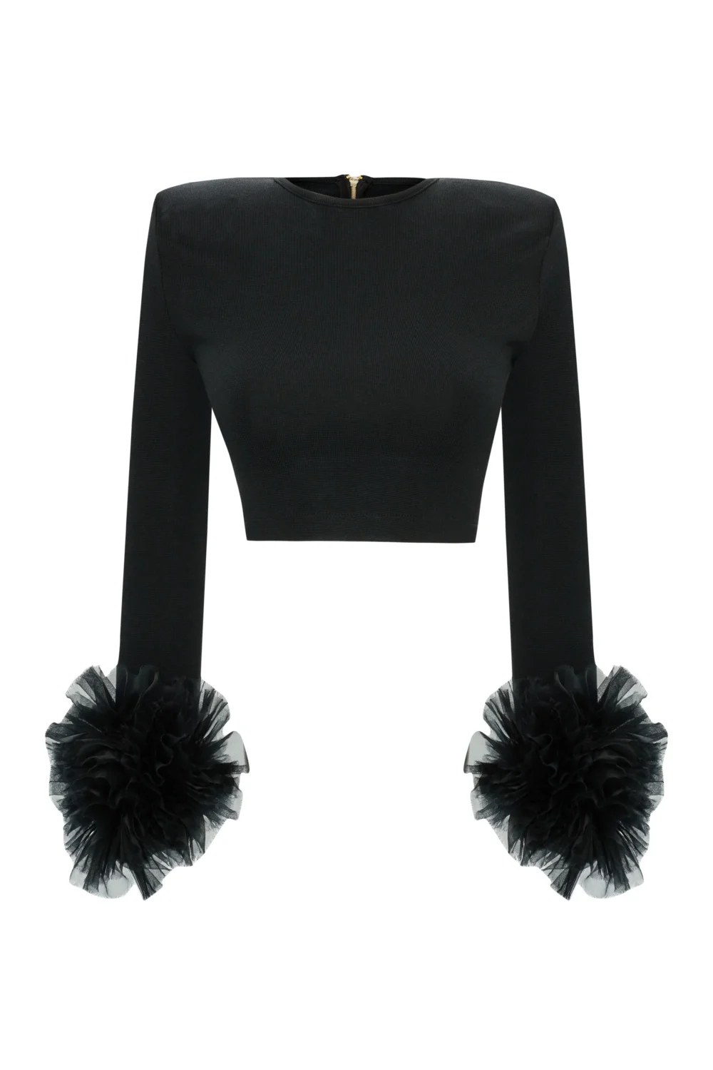 Black Knit Crop Top With Organza Flower Details - 5
