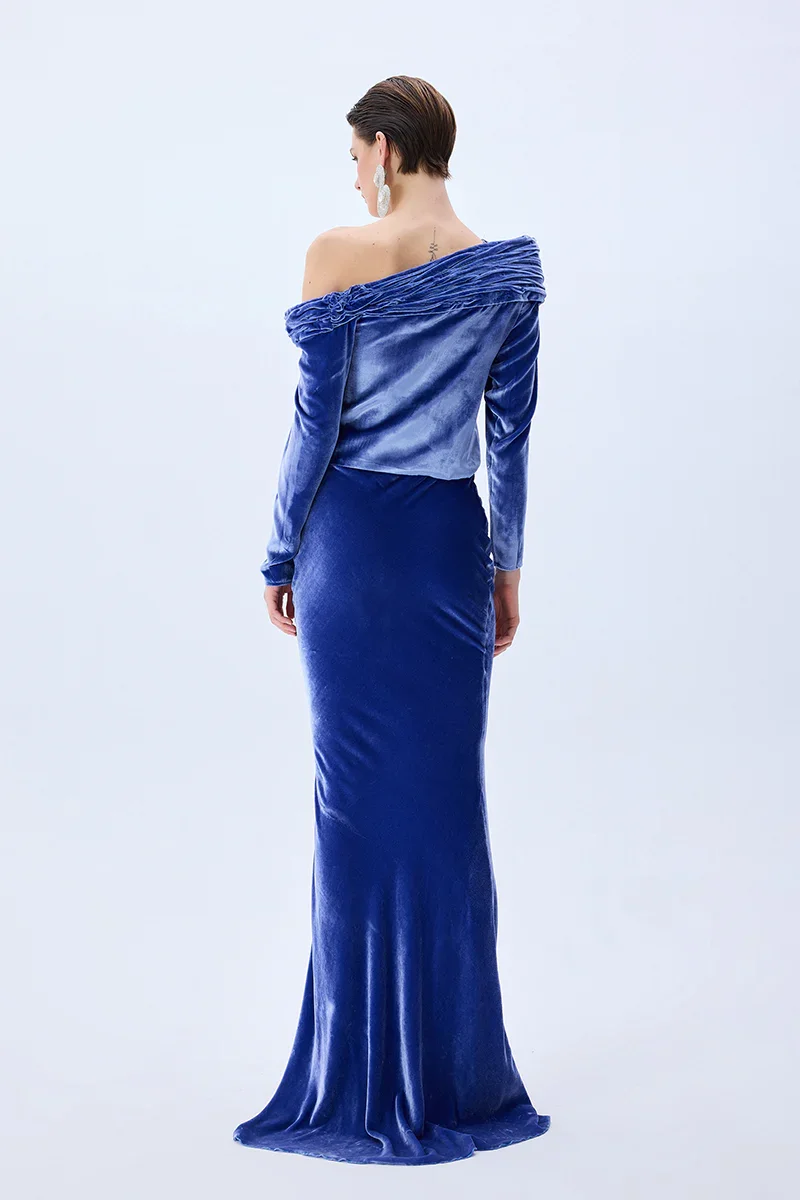 Indigo Velvet One Shouldered Structural Top - 4