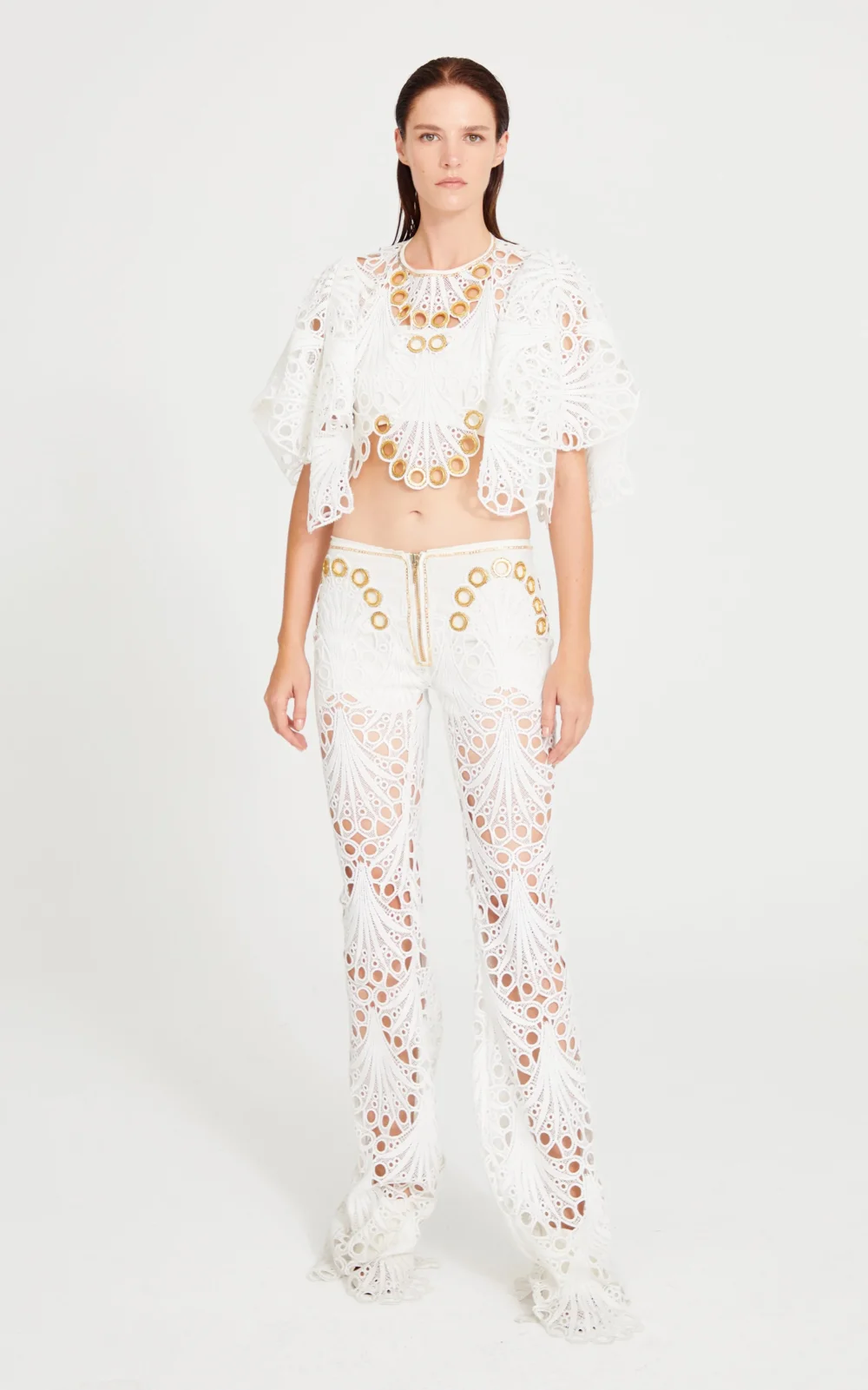White Lace Pants With Gold Eyelet Details