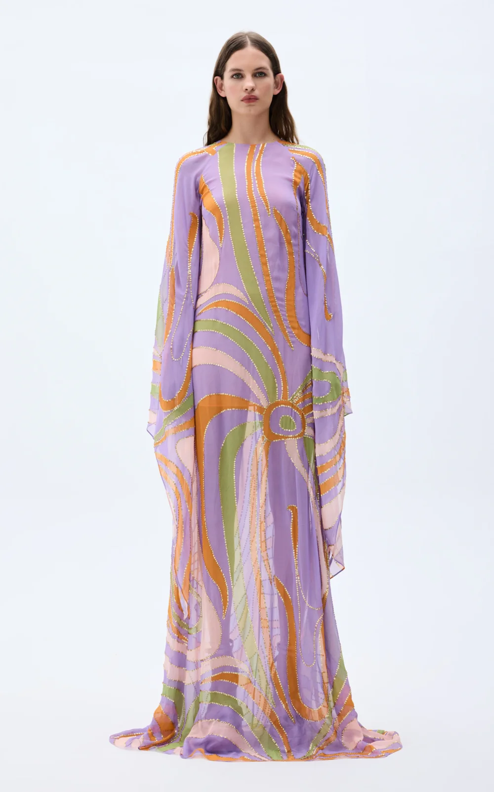 Gold Beaded Printed Chiffon Backless Gown With Flare Sleeves