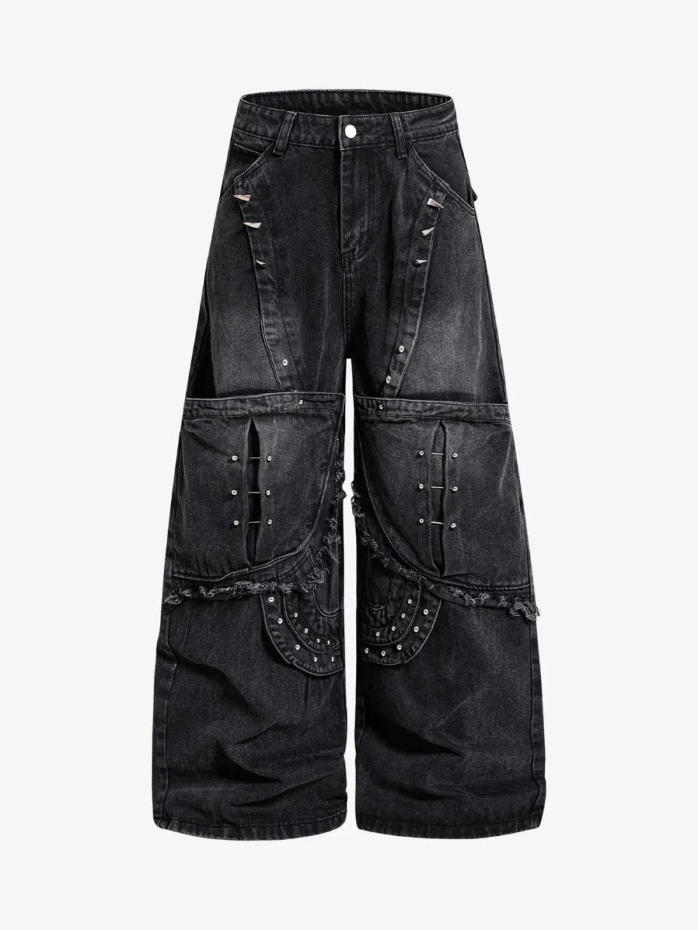 Dark Wash Denim Pants with Silver Studs – Relaxed Fit Streetwear Jeans