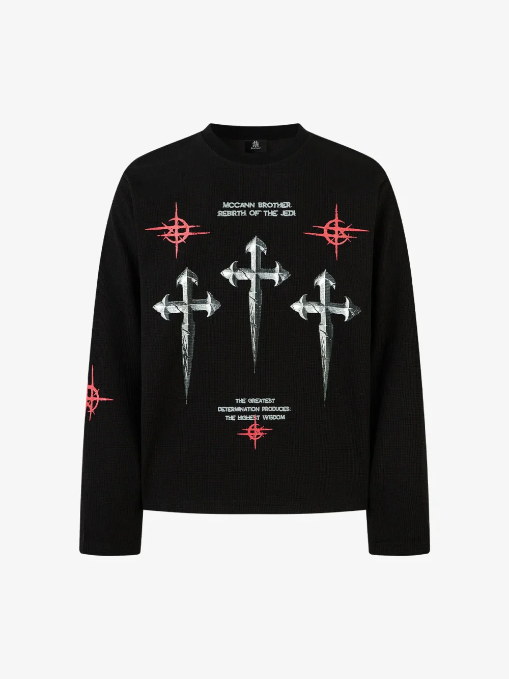 Letter Print Waffle Cross Long-Sleeved T-Shirt - 2