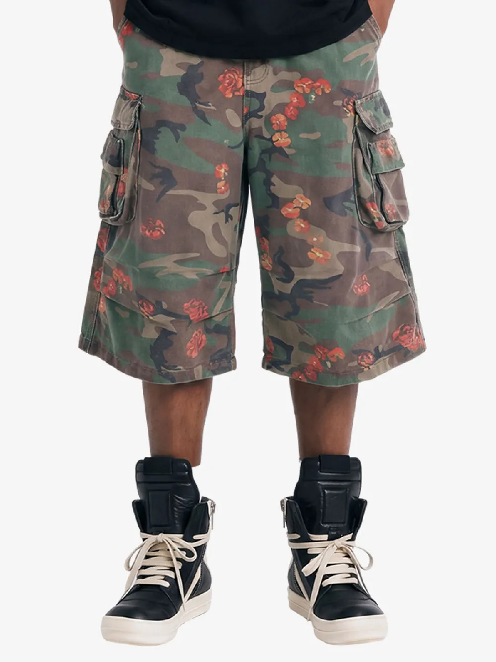 Vintage Floral Camo Multi-Pocket Cargo Shorts