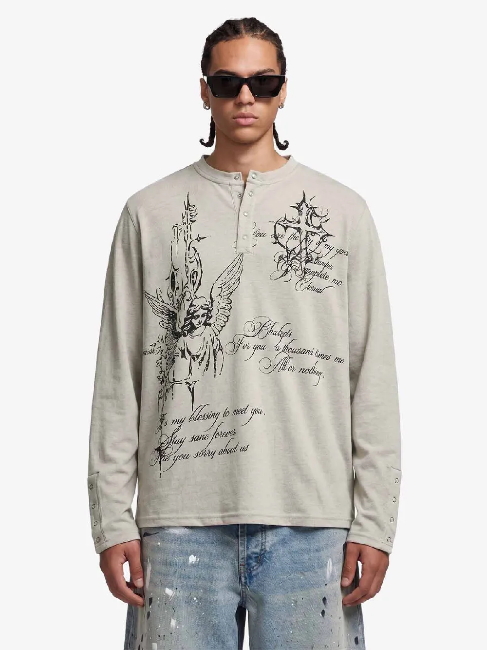 Gothic Angel Graphic Long Sleeve Henley T-Shirt