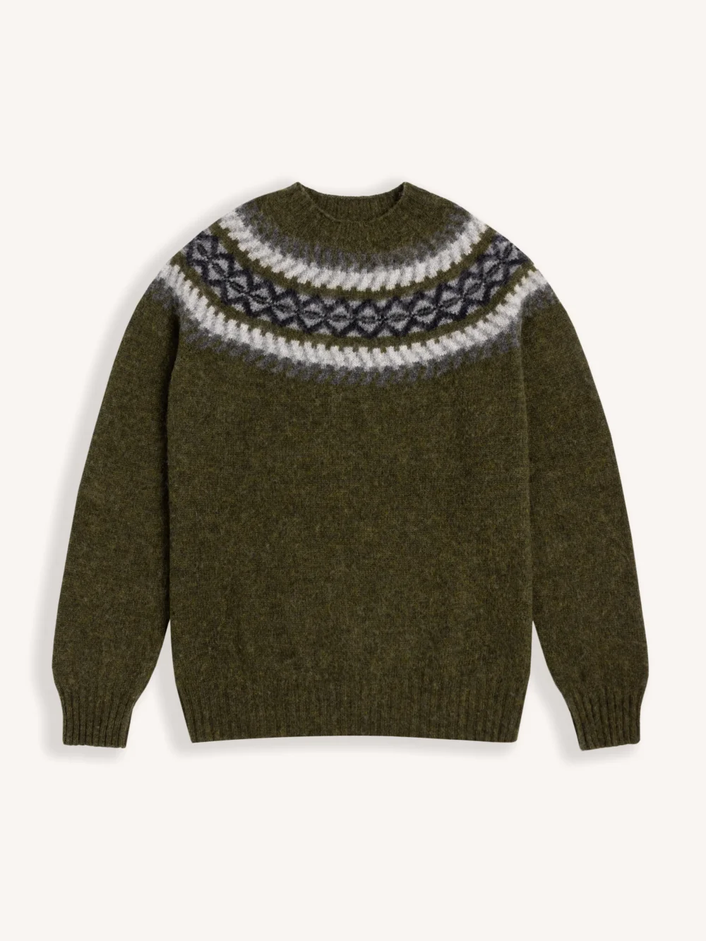 Yoke Fairisle Crew in Olive Brushed Pure Wool