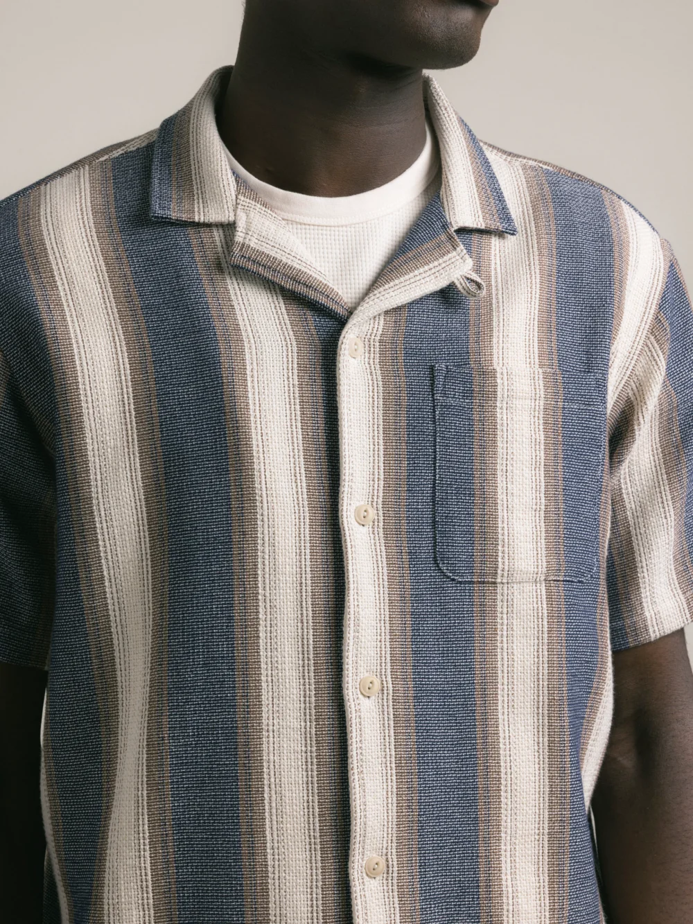 Cramond Shirt in Navy / Brown Stripe Open Weave Cotton - 3