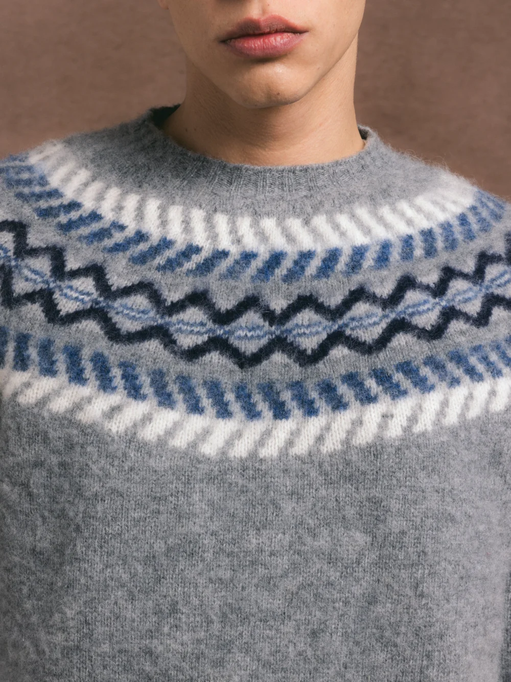 Yoke Fairisle Crew in Grey Brushed Pure Wool - 3