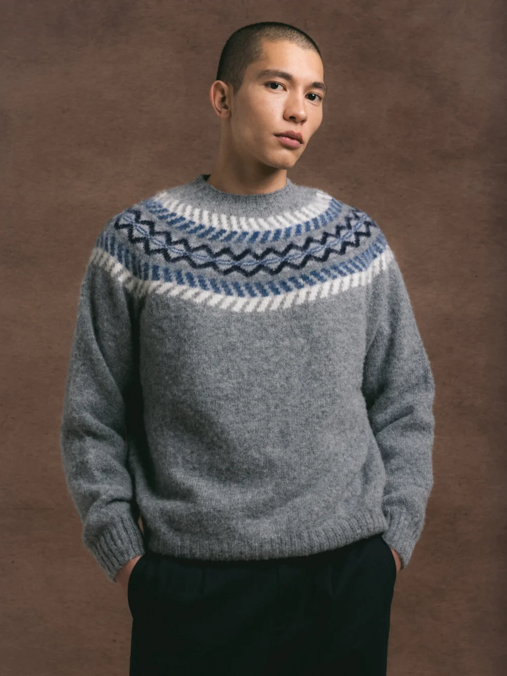 Yoke Fairisle Crew in Grey Brushed Pure Wool - 2
