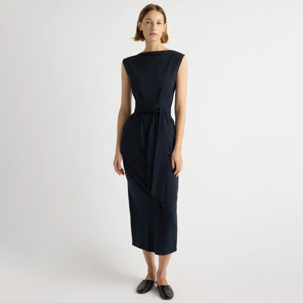 Edina Tie-Front Slit-Neck Dress