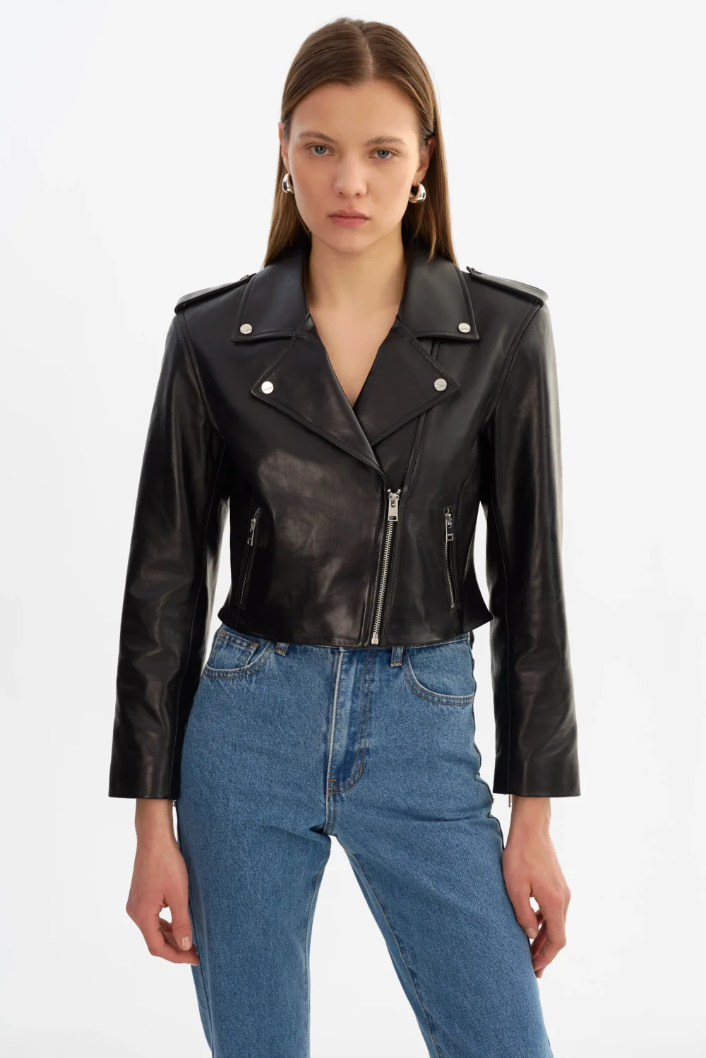 DENALDA | Cropped Leather Biker Jacket