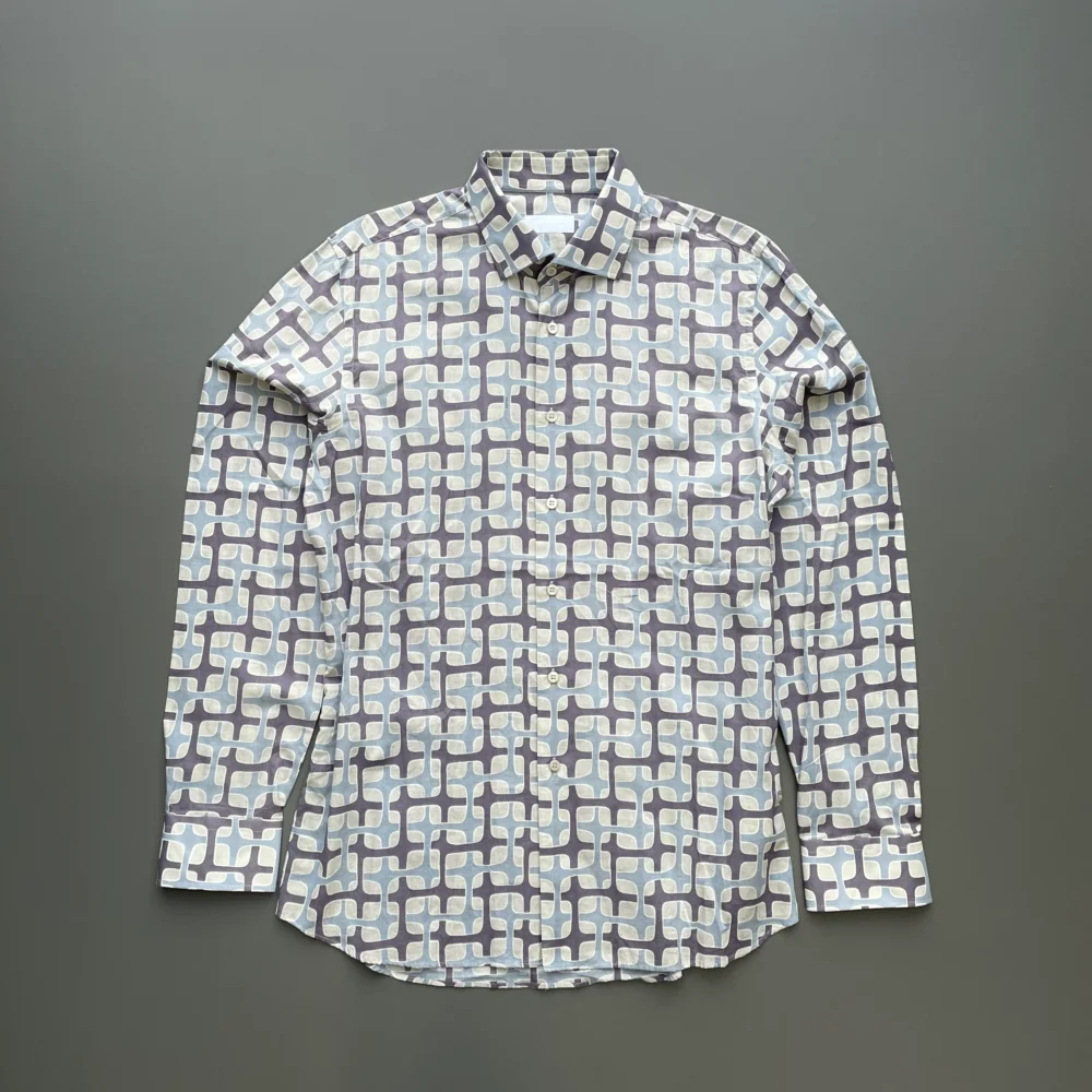 Prada Milano Grey & Blue 00s Geometric Interlink All-Over Print Shirt