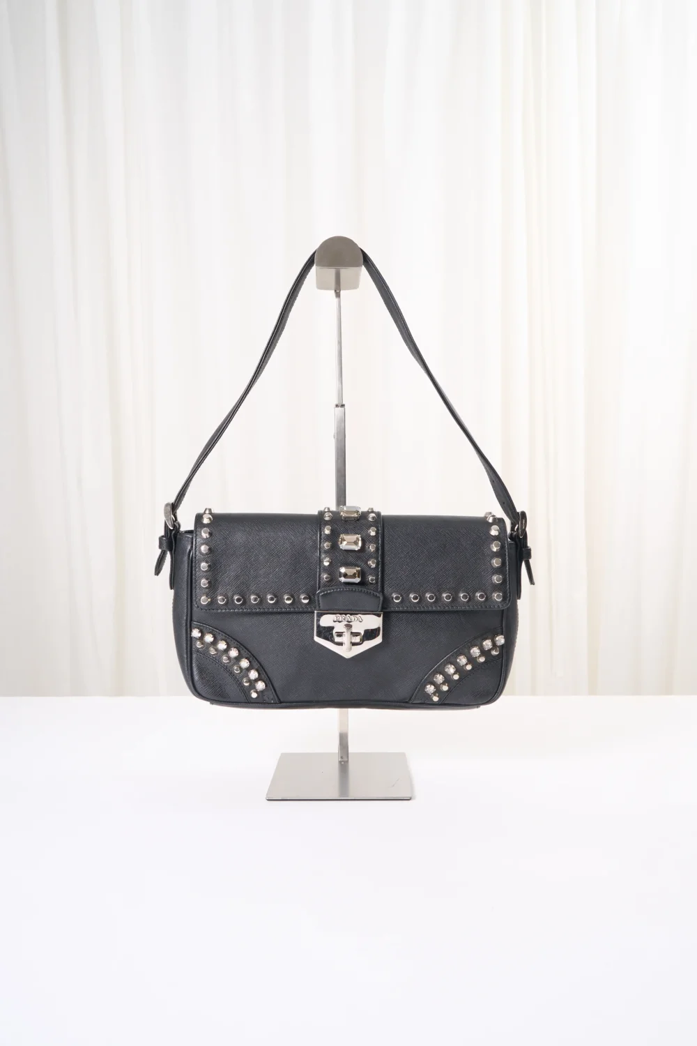 Prada Black Leather Studs Shoulder Bag