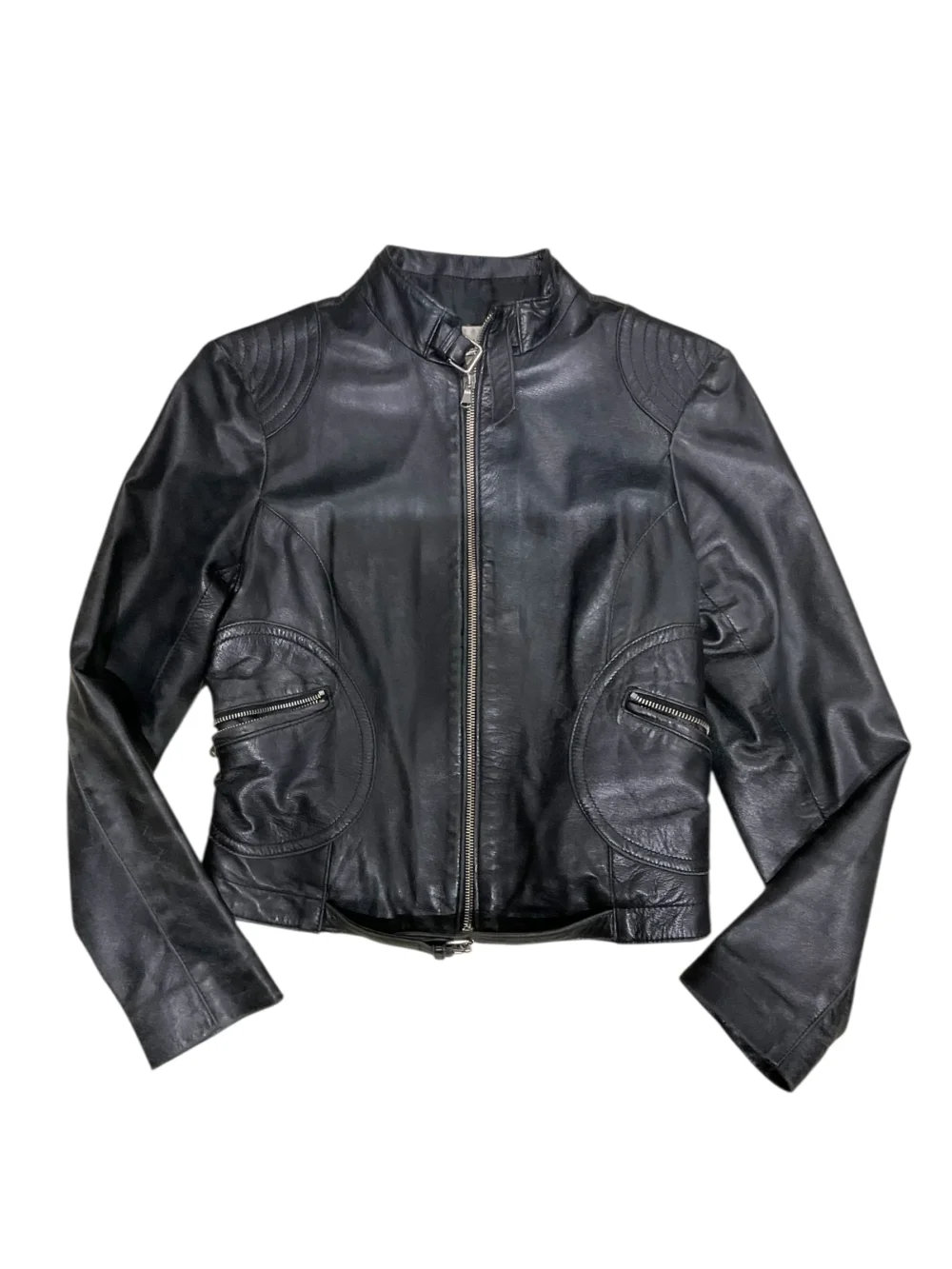 Vintage Black Leather Round Pockets Jacket
