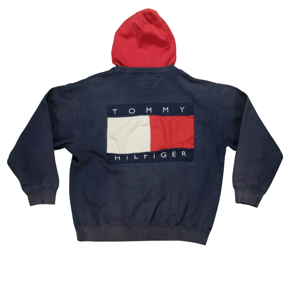 Vintage TOMMY HILFIGER Lion Crest Spell Out Flag Hoodie Sweatshirt 90s Navy Red XL