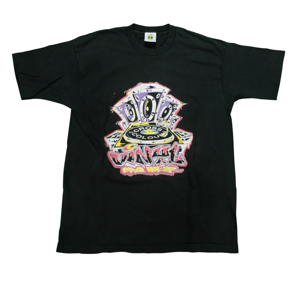 Vintage CROSS COLOURS Record Player T Shirt 90s Black OSFA
