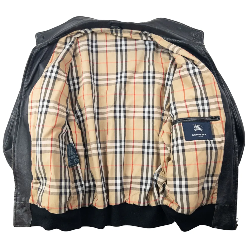 Vintage 2000s Burberry Nova Check Lined Leather Jacket Size L - 2