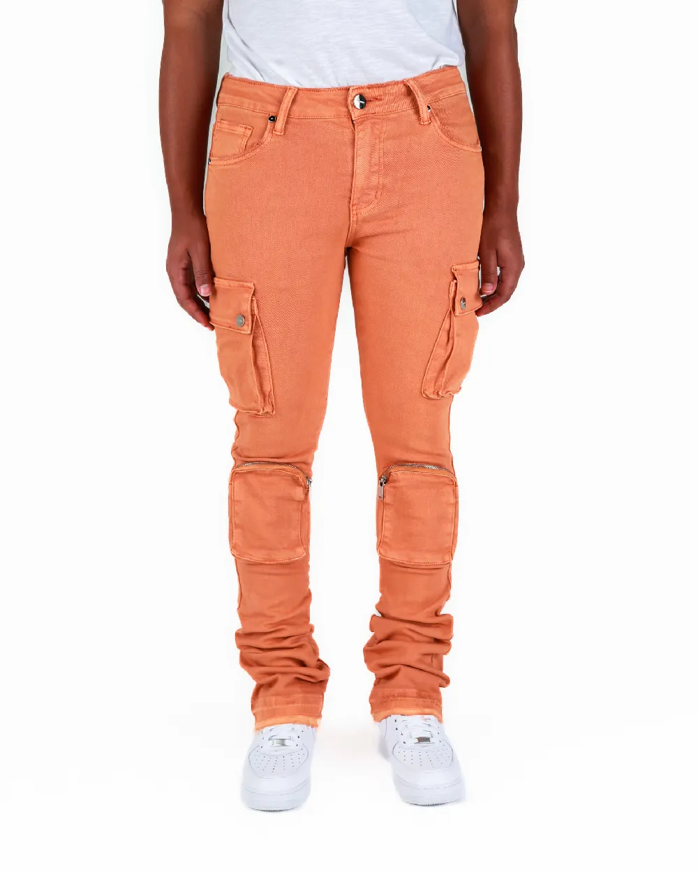 "NEVER LOOK BACK" CARGO FLARE STACK DENIM