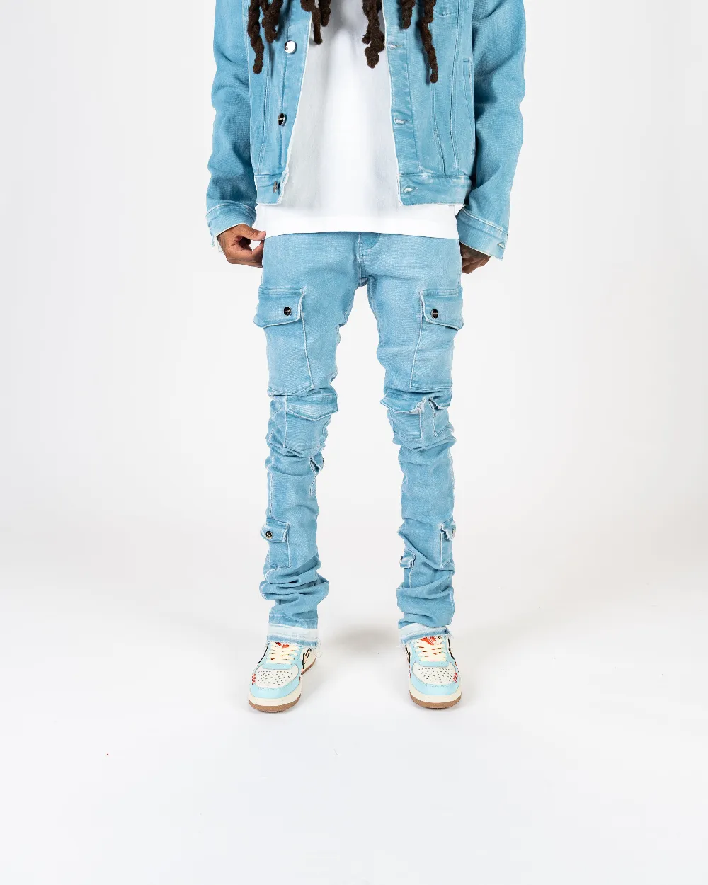 "MY PLEASURE" CARGO FLARE STACK DENIM