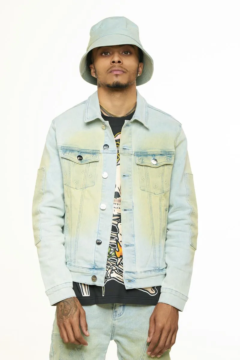 "MENDING HEARTS" EMBOSSED DENIM JACKET (LIGHT BLUE/SAND) - 2